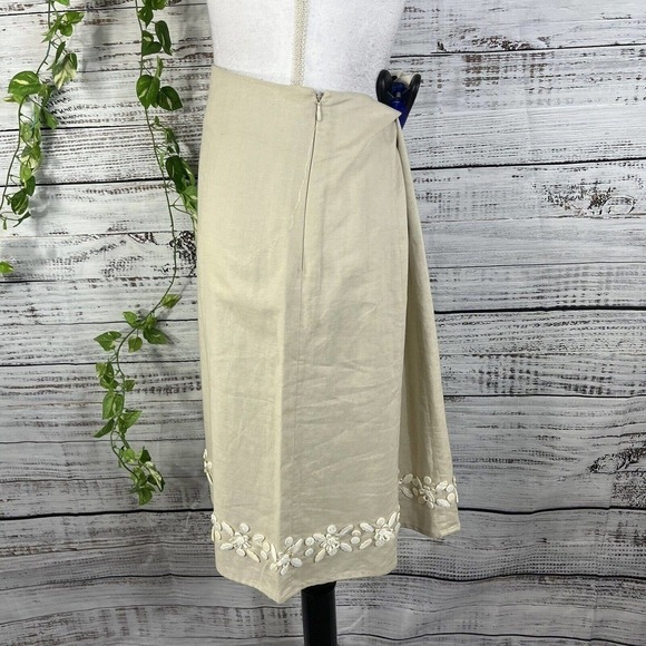 Willi Smith Skirt 8 Tan Stone Linen Knee A Line Ribbon Flowers Buttons Wedding - Picture 8 of 10